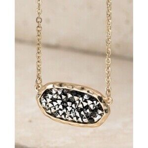 Womens Pendant Necklace Faux Druzy Quartz Gold Silver Hematite Oval Boutique 1